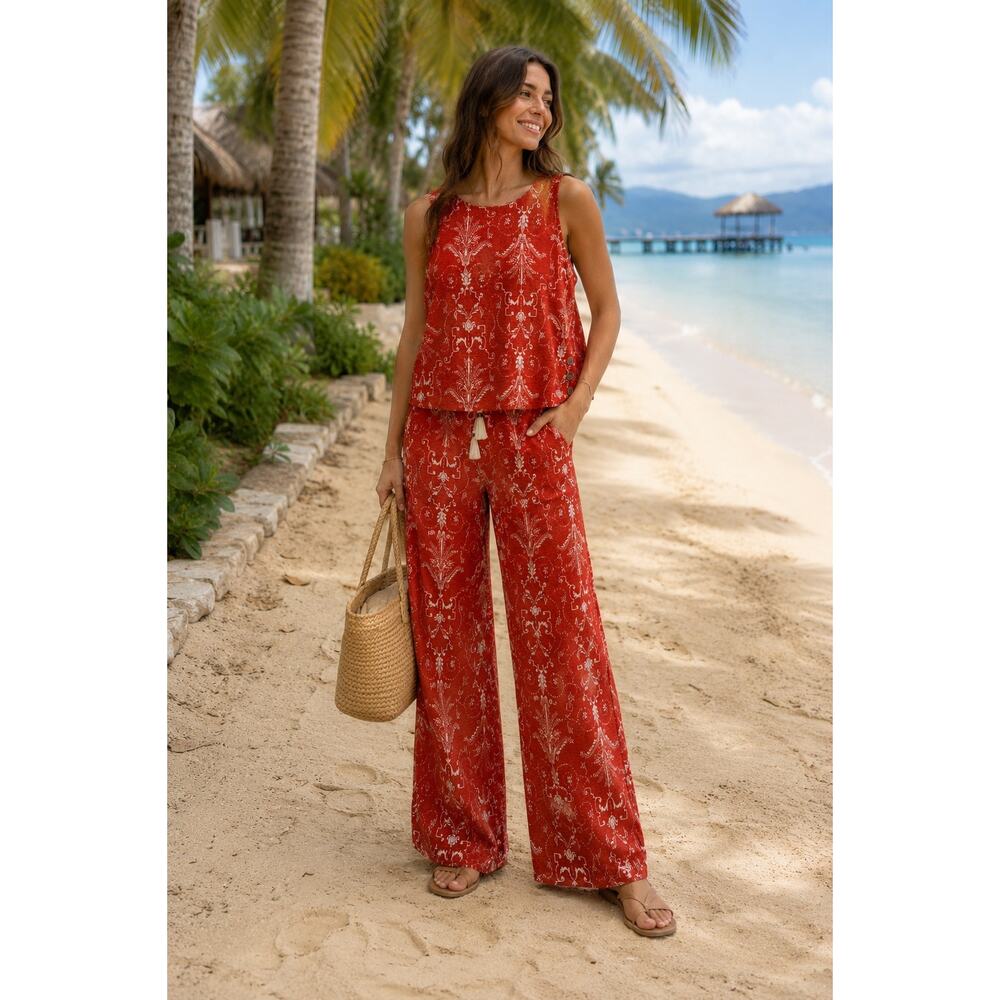 Tahari 100% Linen Tank Top & Wide Leg Pull on Pant Set XL Tassel Resortwear